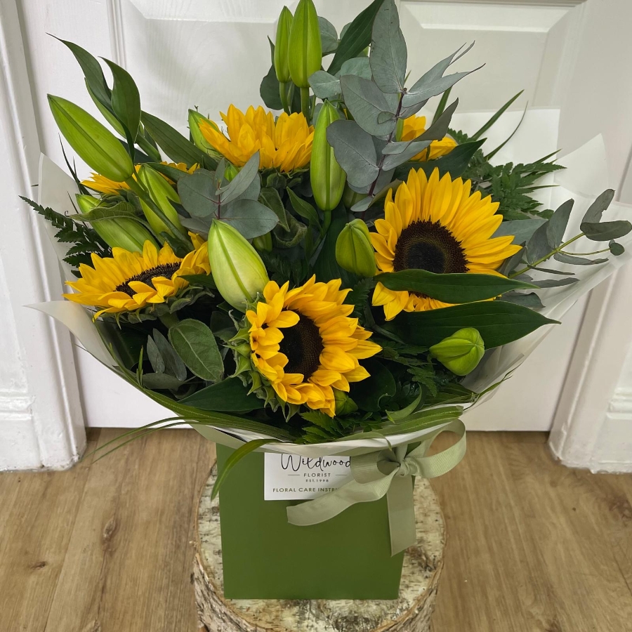 Sunflower & Lily Aqua Bouquet